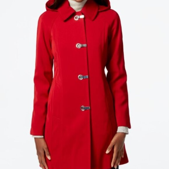 London Fog Red Trench Rain Coat with Hood and Silver Buckle Closure  in Size PS - Picture 1 of 13